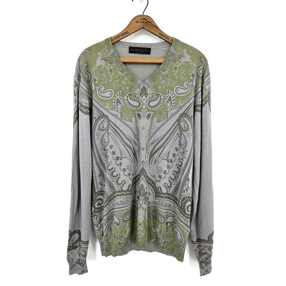 Etro Grey Green Paisley Pullover Sweater Mens L V-Neck Wool Silk Cashmere